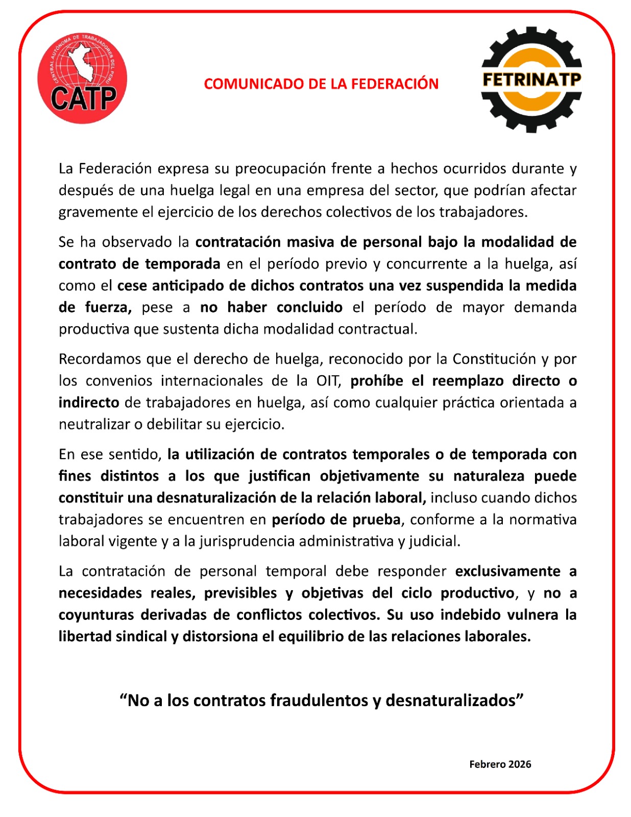 Preocupación por el mal uso de contratos temporales, para resolver conflictos laborales como prácticas antisindicales .